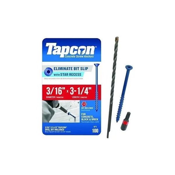 3/16-inch x 3-1/4-inch Climaseal Blue Flat Head T25 Concrete Screw Anchors w/Drill Bit, 100PK